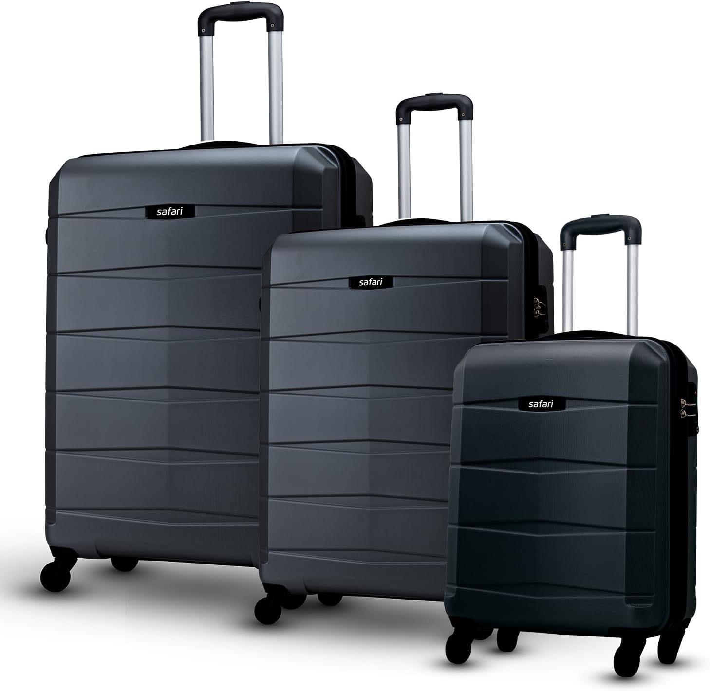Safari Regloss Anti Scratch Set of 3, 55, 65 and 77 Cms Small, Medium and Large Trolley Bags Hard Case Polycarbonate 4 Wheels 360 Degree Wheeling System Luggage, Suitcase for Travel, Black