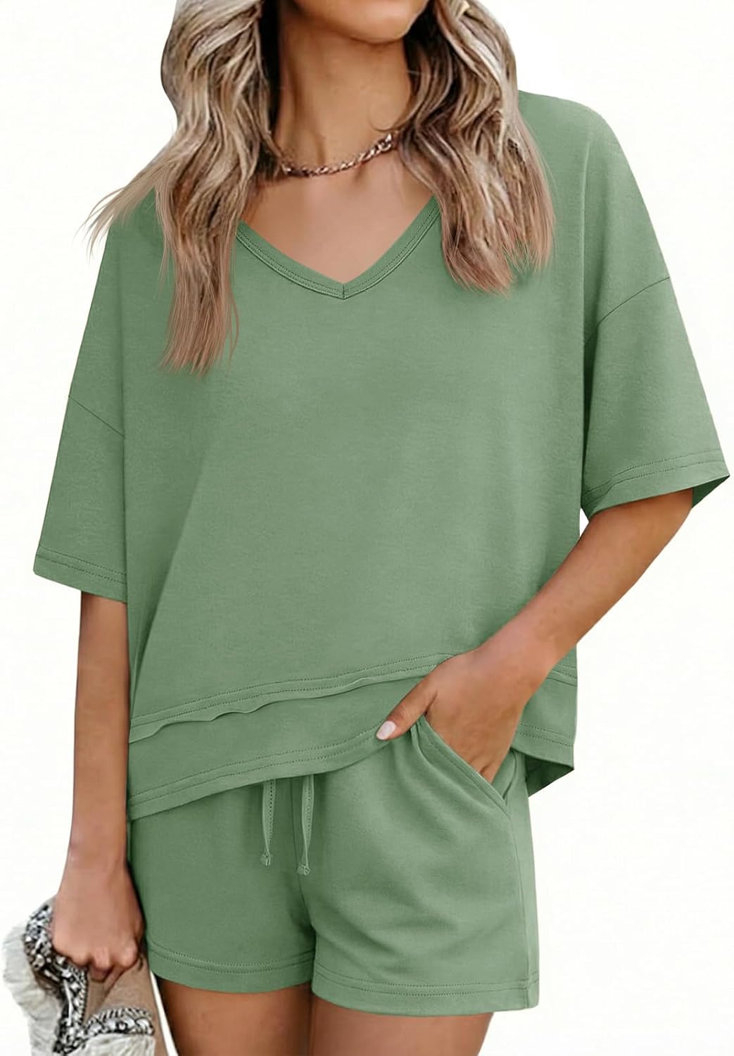 Tankaneo Womens 2 Piece Outfits Shorts Set Summer Casual Short Sleeve V Neck T Shirts Tops Matching Lounge Sets