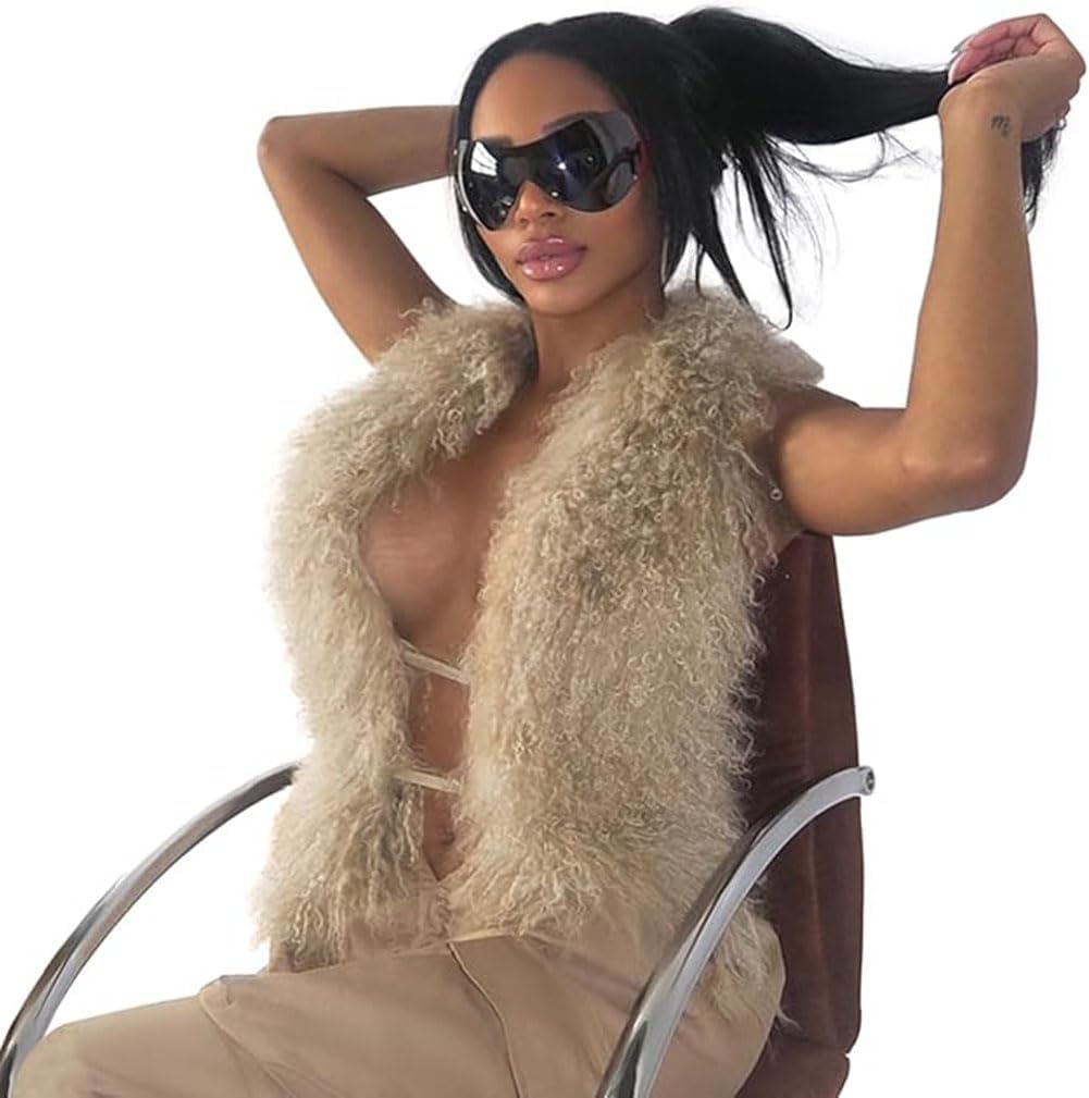 Women's Faux Fur Collar Vest Tie Backless Halter Sleeveless Fuzzy Sexy Crop Tank Top Back Lace Up Y2K Shaggy Waistcoat Party - Image 6