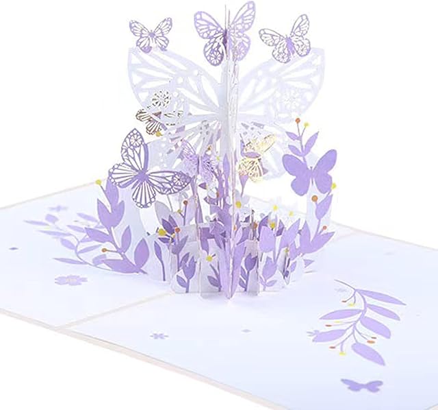 3D Pop Up Greeting Card, Blossoms Butterfly Flower Card, Pop Up Birthday Cards Anniversary Card, Mothers Day Card for Mum Wife Valentines Birthday Signature Paper Wonder Card(Purple)