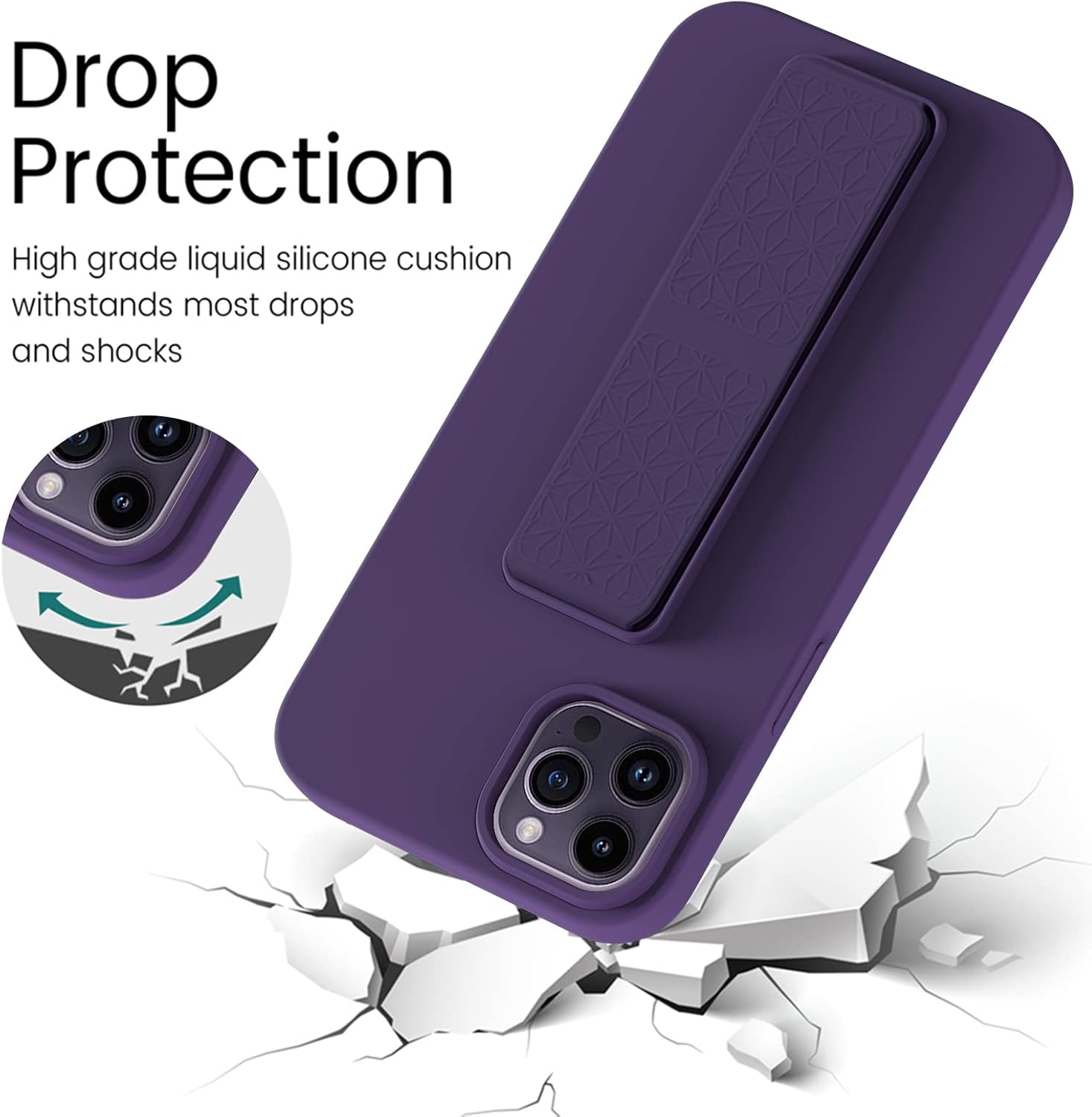 LAUDTEC Silicone Kickstand Case Compatible with iPhone 14 Pro, Vertical and Horizontal Stand Hand Strap Metal Kickstand Cover, Flexible Soft Liquid Silicone Stand Case for iPhone 14 Pro (Deep Purple) - Image 2