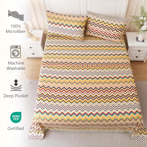 Image of MCO 4Pieces Retro Neon Chevron Sheets Set, Breathable Full Sheet Set with 16 inch Deep Pocket,Modern & Luxury, Brushed Microfiber Bedding Set(Retro Neon Chevron, King)