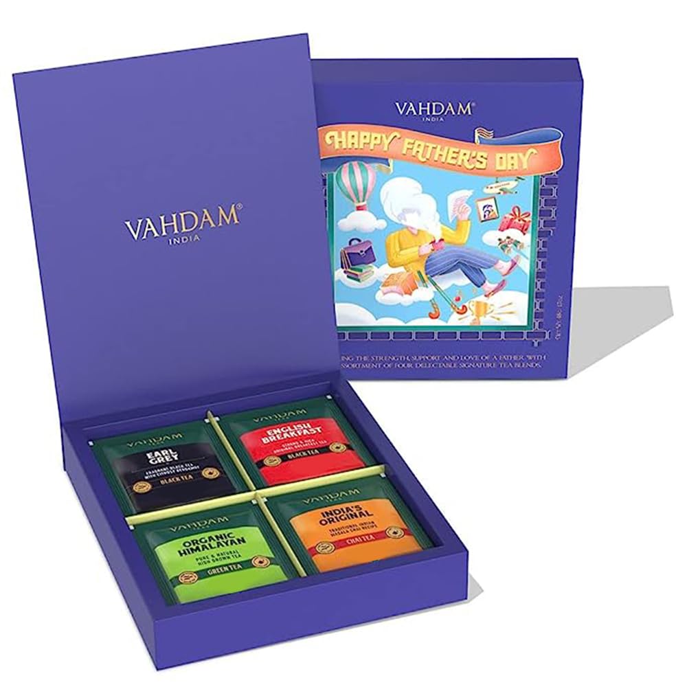 VAHDAM Fathers Day Tea (4 Flavors- 24 Tea Bags) Black, Green, Masala Chai Tea Variety Sampler Pack Gift Set