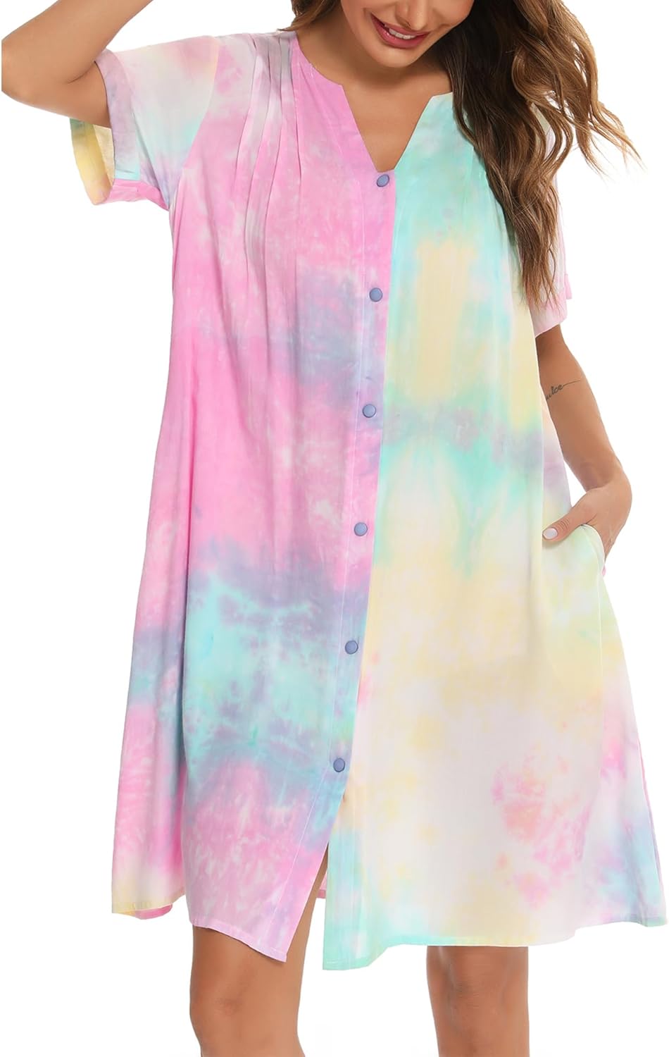 Womens cotton short sleeve duster robe housecoat nightgown button