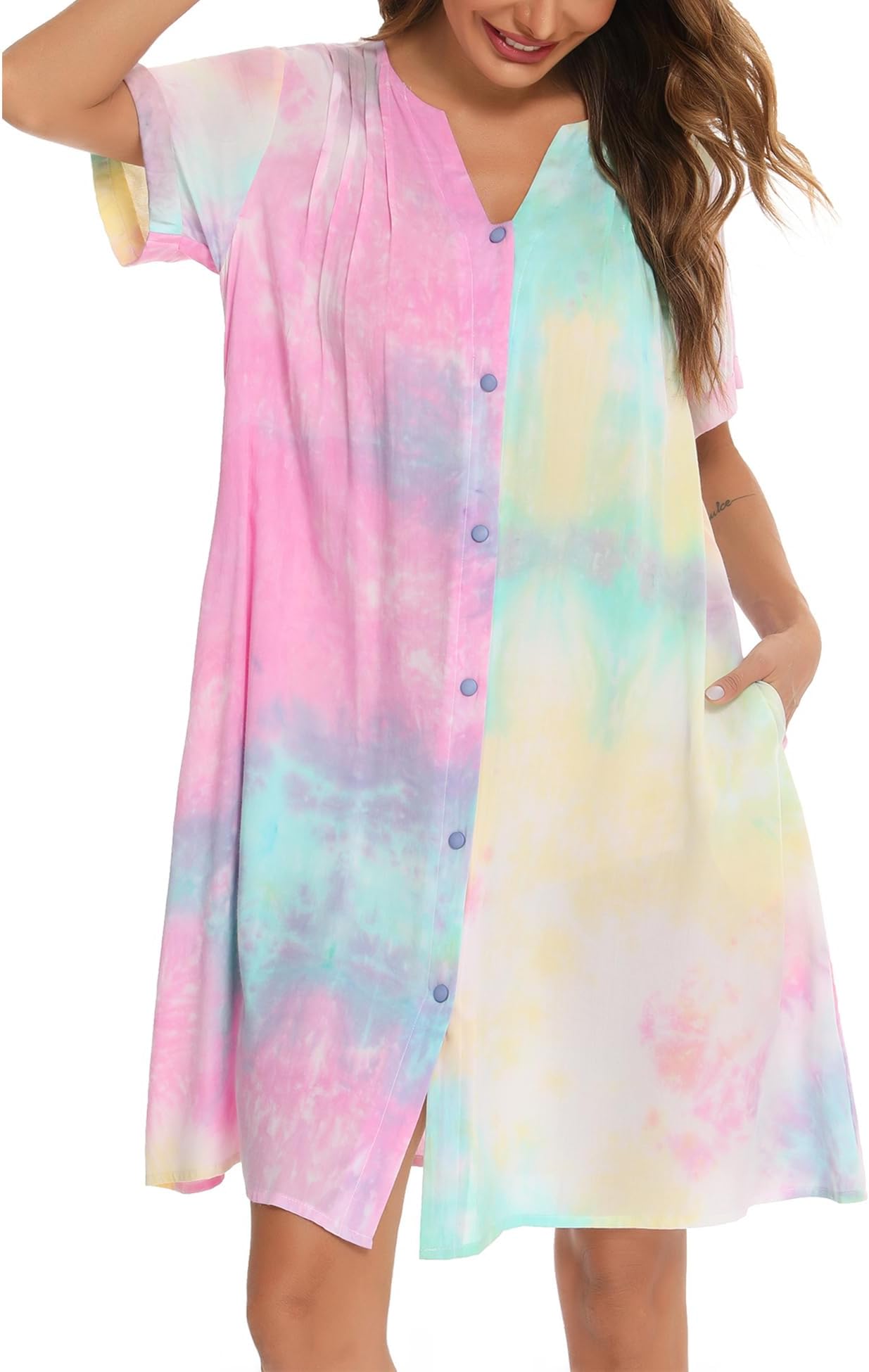 House Dress Women Cotton Duster Robe Short Sleeve Housecoat Button Down Nightgown