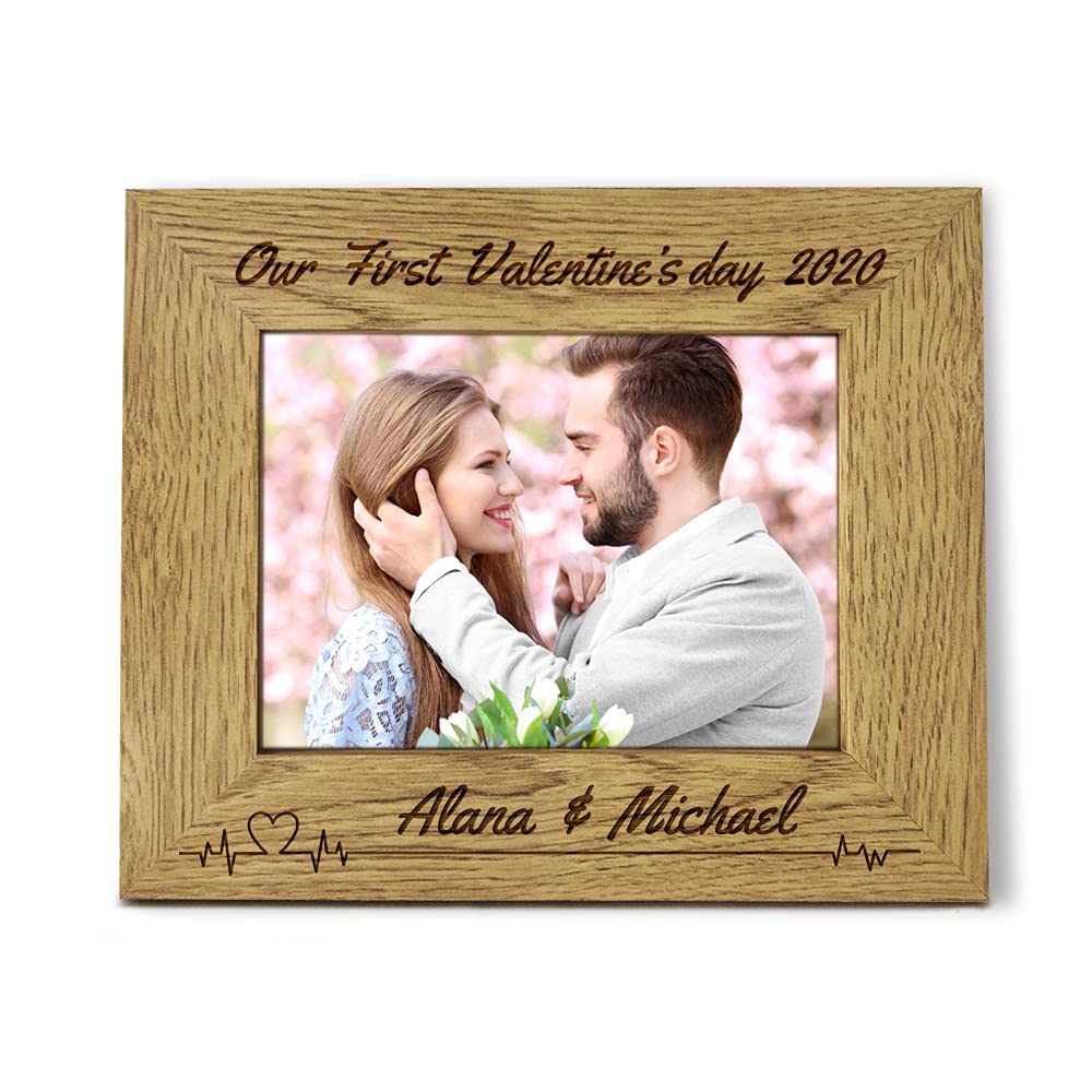 Edsg Personalised Photo Frame Laser Engraved 7"X5" Valentine's Day Wooden Photo Frame Custom Gift With Any Date Any Name Any Text (Landscape, Valentine's Day With Heart)