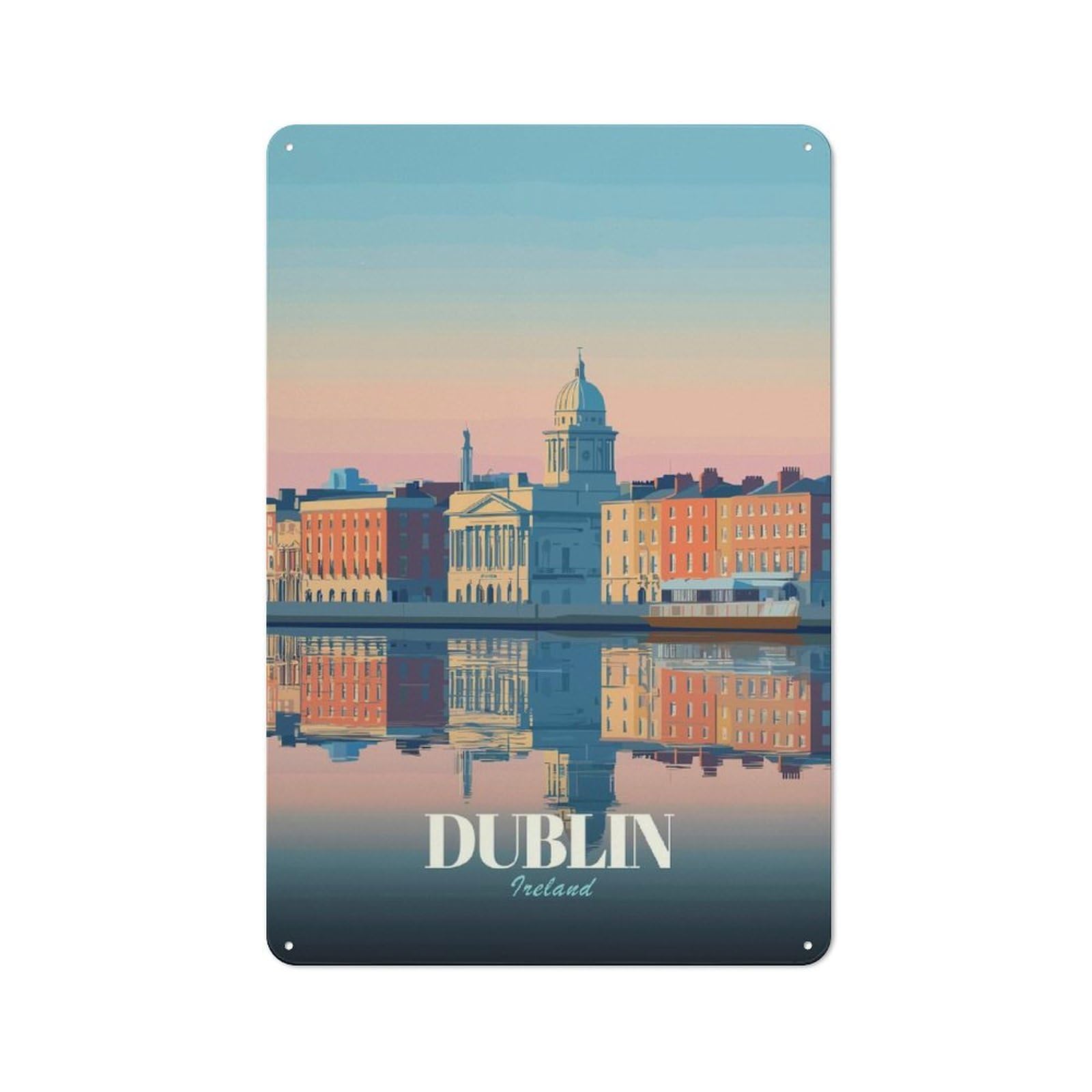 Junmoney Style-7 Rustic Tin Sign 30X20cm Featuring Dublin Ireland Cityscape Reflection Art For Living Room Wall, For Room Styling Across Living Rooms And Feature Walls