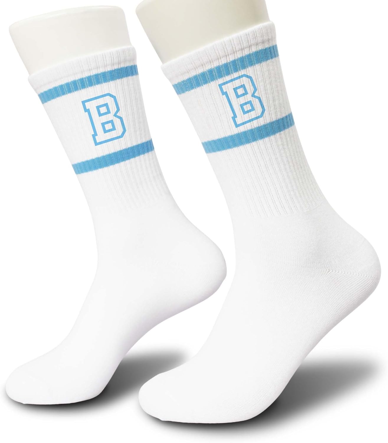 Light Blue and White Striped Crew Socks with the Letter， Classic Varsity Sports Style Monogram Socks - Image 4