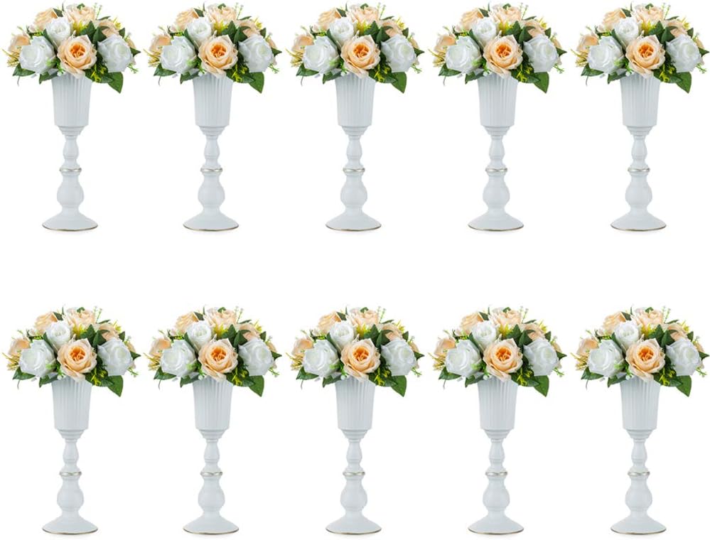 Nuptio 10 Pcs Flowered Metal Trumpet Vase Elegant Wedding Centerpieces Vase for Party Dining Room Decoration, 23.2cm Tall Artificial Flower Arrangements for Anniversary Ceremony, White