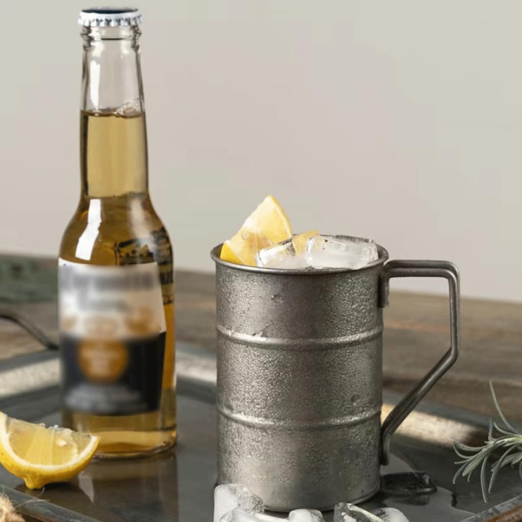 DOUKI Barrel Shaped Beer Stein with Good Grip Handle Industrial Style Metal Beer Mug Reusable Drinking Supplies for Camping Picnic
