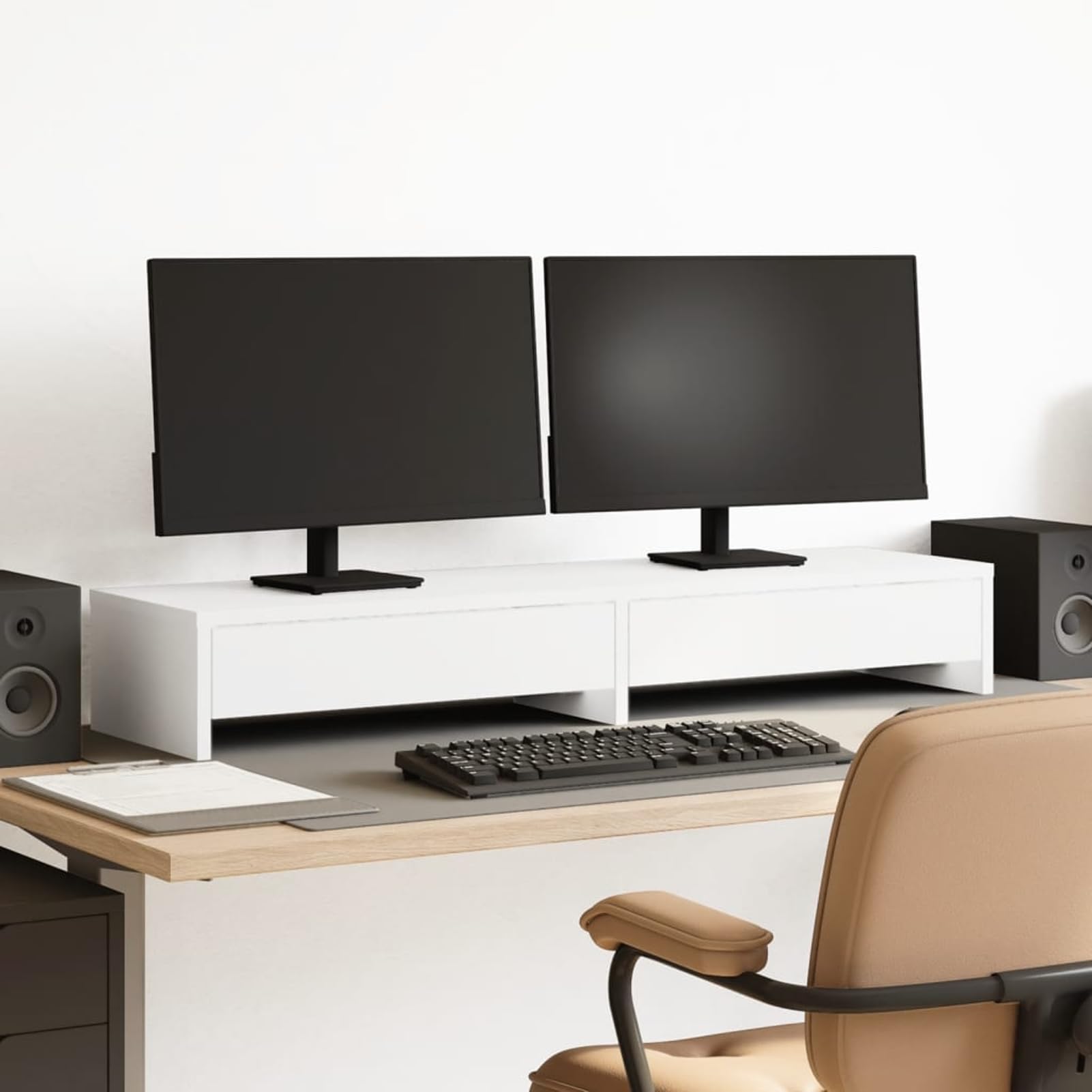 Gecheer Supporto per Monitor Doppio con Cassetti, Regolabile in Altezza, 100x27x15 cm, in Legno Ingegnerizzato, per Ufficio Domestico e Professionale