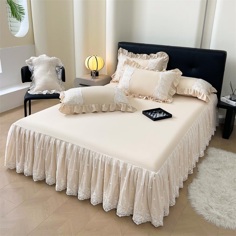 King Size 2 Tiers White Lace Ruffle Bedspread Sheet Only Washed Cotton Bed Sheet with Skirt, Champagne