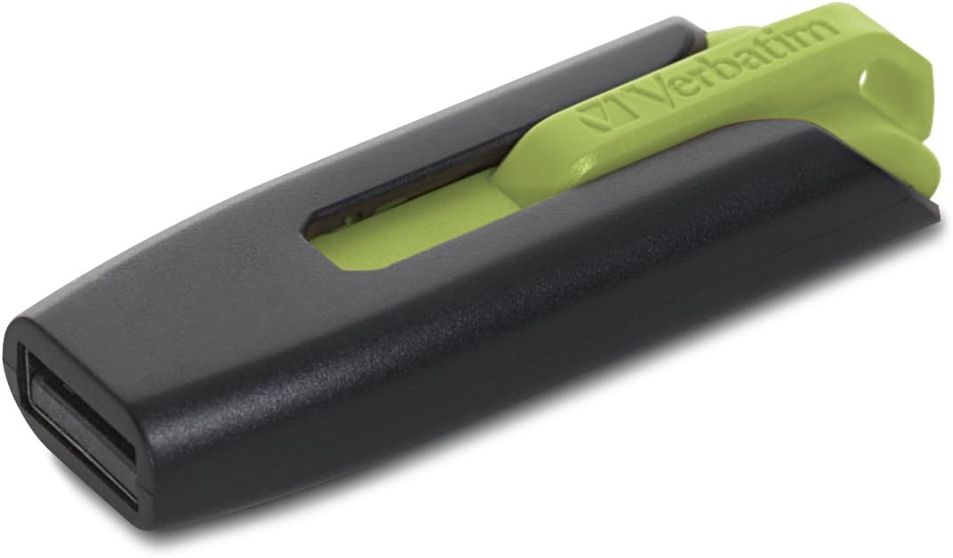 Hand inserting a blue Verbatim Store 'n' Go V3 USB 3.0 Flash Drive into a laptop's USB port.