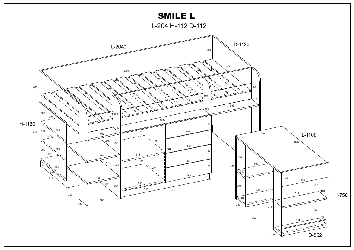 BIM Furniture Lit superposé Smile L - Meubles pour enfant - Ensemble de meubles pour une chambre d'enfant - Un lit avec bureau, étagères, tiroirs : côté gauche (chêne artisanal/crème)