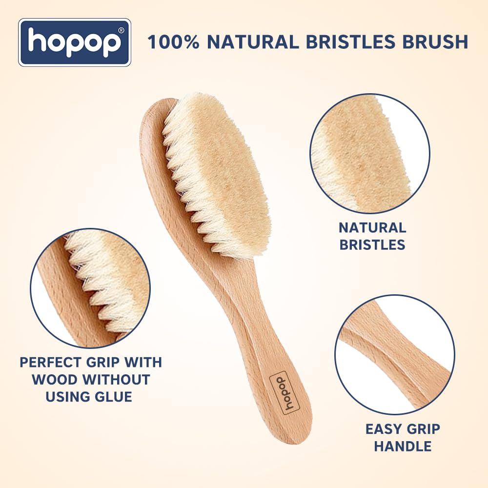 Hopop Baby Hair Brush and Comb Set | Natural Soft Bristles Hair Brush and Wooden Comb Set for Newborn Babies and Toddlers for Grooming | Safe & Gentle | Eco-Friendly Baby Grooming Solution 2