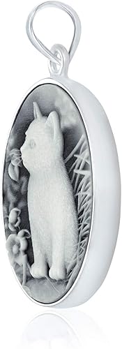 Miniatura 2 de Collar con colgante de medallón para fotos con grabado personalizado, estilo vintage, vintage, de ónix blanco y negro, gato sentado, gato ovalado,