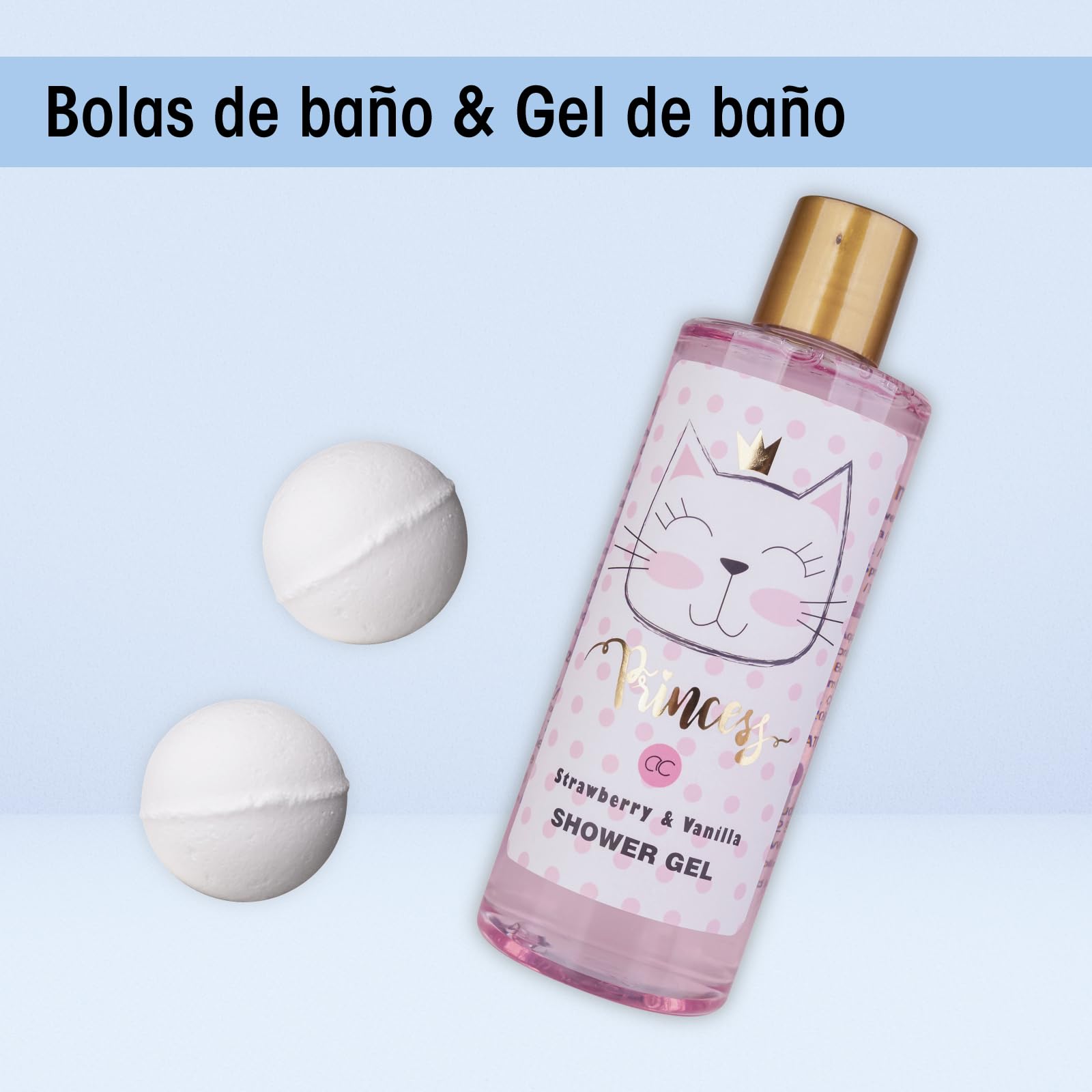 Accentra PRINCESS KITTY Juego de regalo baño mujer 250 ml gel de ducha loción exfoliante crema bombas baño esponja cesta fresa vainilla
