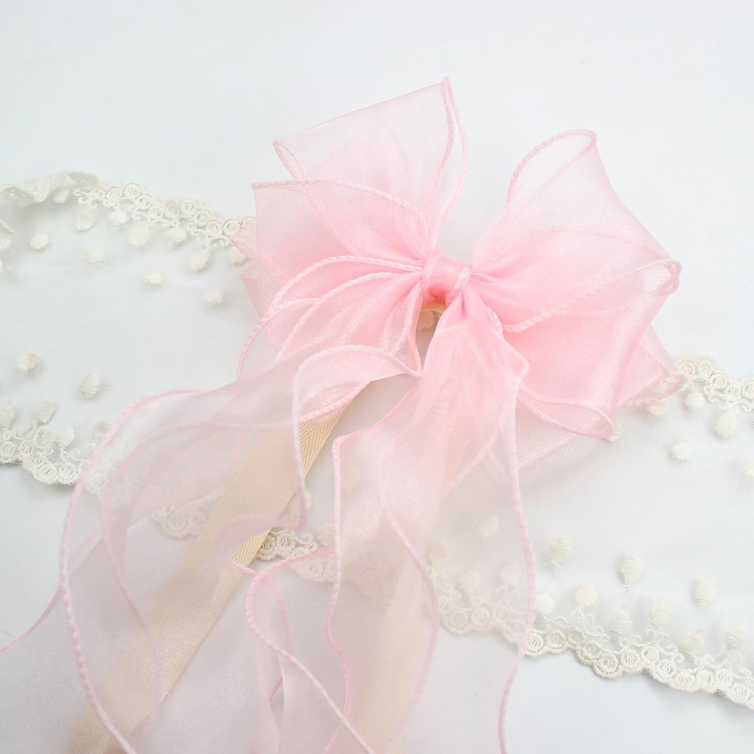 2PCS Pink Silky Bow Lace Curtain Tiebacks, Home Wedding Decor Ribbon | Multipurpose Ribbon Decor, Elegant Soft Lace, For Gift Wrapping, Chairs & Staircase, For Nursery, Wedding and Home Decor