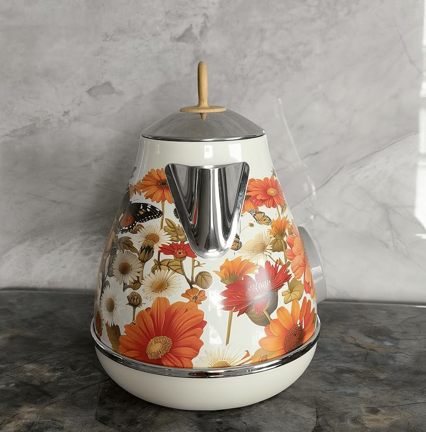 PS3013T Flower Painted Electric Kettle, 1.7L Retro Hot Water Kettle with Analog Dial Thermometer, 1850W Fast Boiling for Home