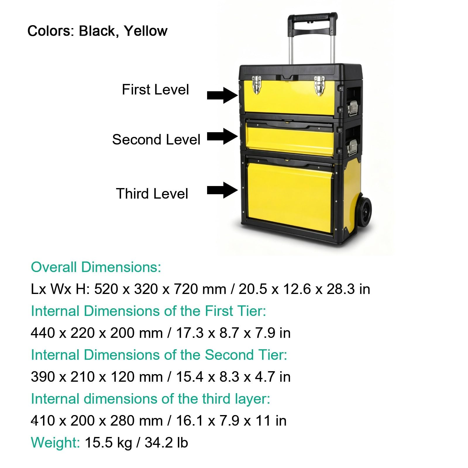 Caisse à outil Empilable et à roulettes, Valise Rangement à 3 Niveaux