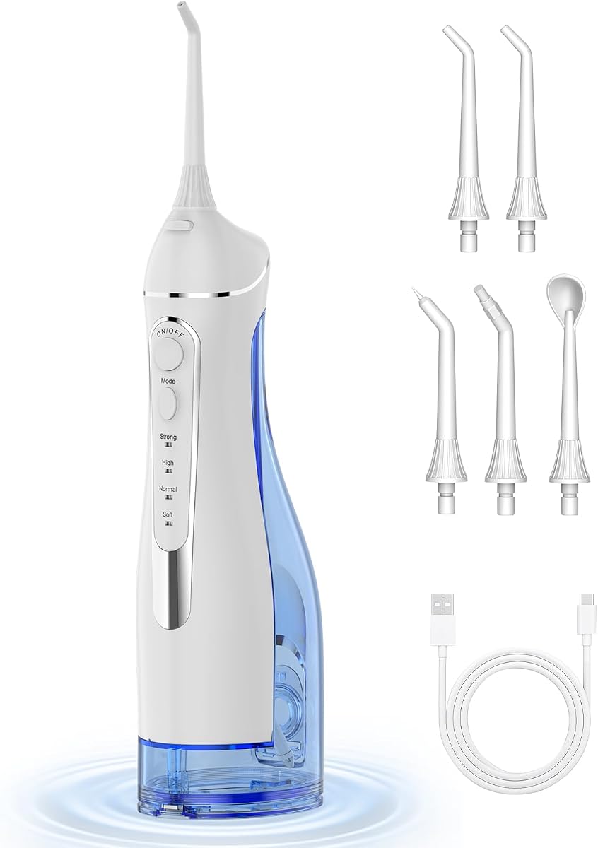 Water Flosser for Teeth Cleaning: Cordless Portable Water Dental Pick | Rechargeable Oral Irrigator for Braces, 4 Modes, 5 Jet Tips, 300ML IPX7 Waterproof Flossers for Adults, Travel Use, White