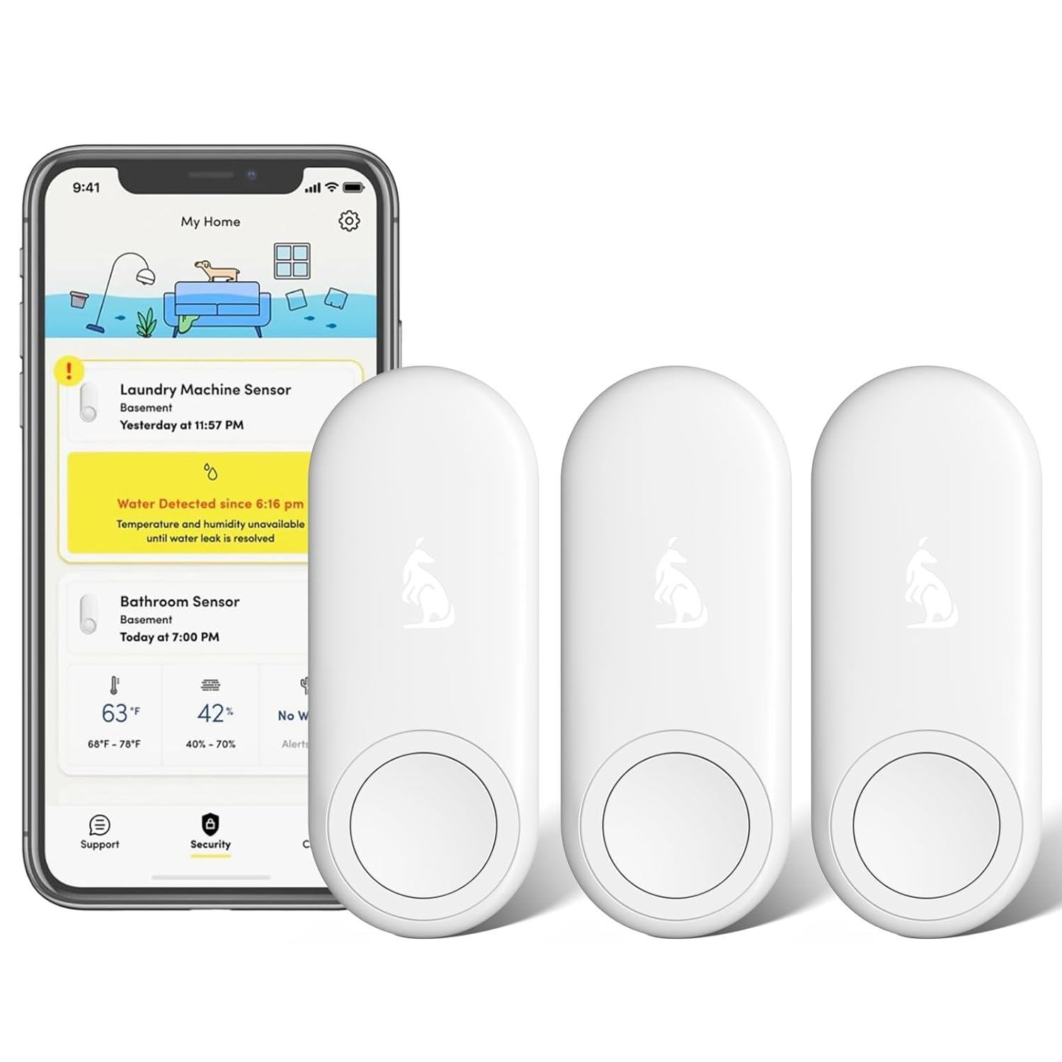Kangaroo Water Leak Detector+Climate Sensor,Hygrometer Thermometer with App Notifications,Wireless 2.4G WiFi,Humidity Temperature Alarm,for Home, Basement, Kitchen,Washroom,Bedroom（3 Pack）