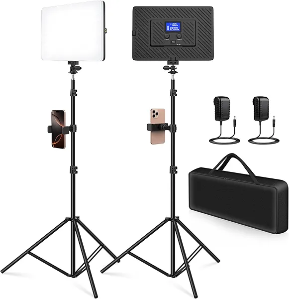 Kmasic 2 Pack Led Video Light Kit, 4000mAh Rechargeable Lithium Battery, Light Panel 2500k-8500k 2200Lux 79 inches Light Stand for Studio Photography Light Video Recording Game Live Streaming