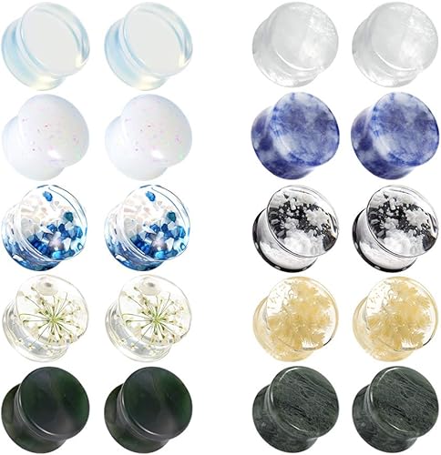 TBOSEN Juego de 10 pares de tapones para los oídos de piedra mixta, medidores para los oídos, túneles de oreja, tapones de doble abandonado,