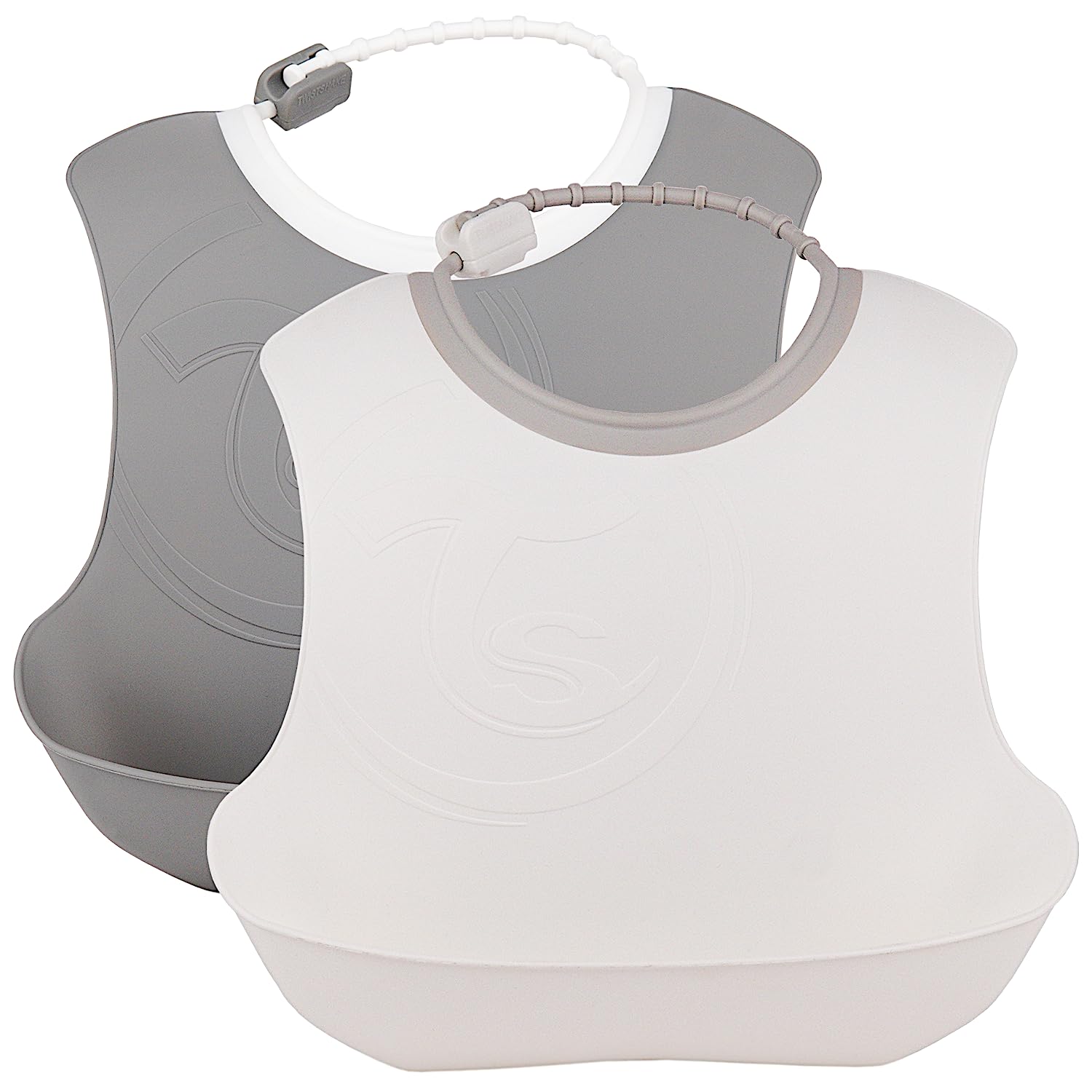 Twistshake Baby Bibs with Adjustable Neck Band and Large Food Pouch - 2 Pack | Waterproof - BPA Free | Grey White