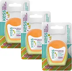 Kit Com 3 Fita Dental Kess Premium | 50m | Sabor Menta | Fibra Especial