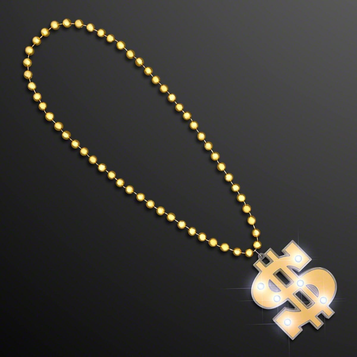 FlashingBlinkyLights Gold Light Up Dollar Sign LED Bling on Gold Mardi Gras Beads Party Necklaces (Set of 12)
