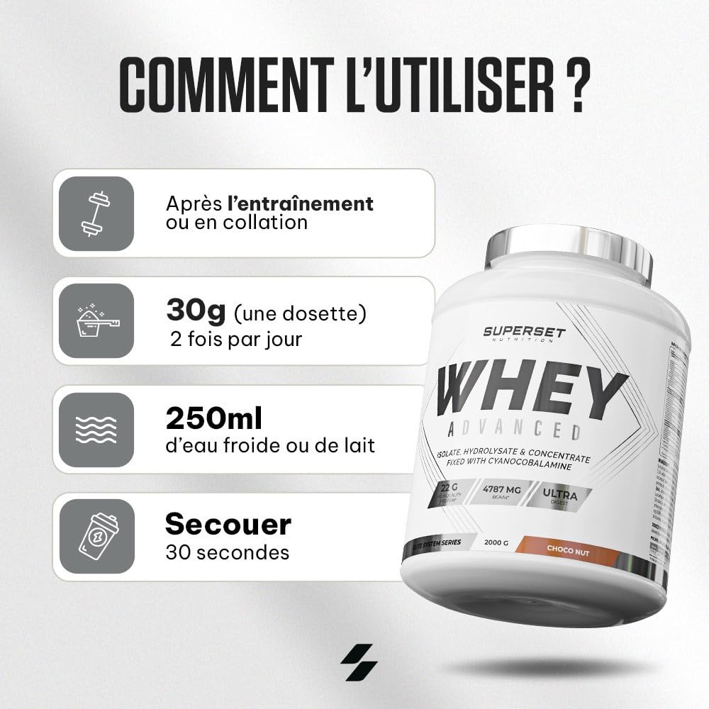 Superset Nutrition - 100% Whey Proteine Advanced (2kg) - 74% de protéines - Isolat + Concentrat + Hydrolysat, Digestion optimisée, Riche en BCAA et en glutamine - Choco-Nut
