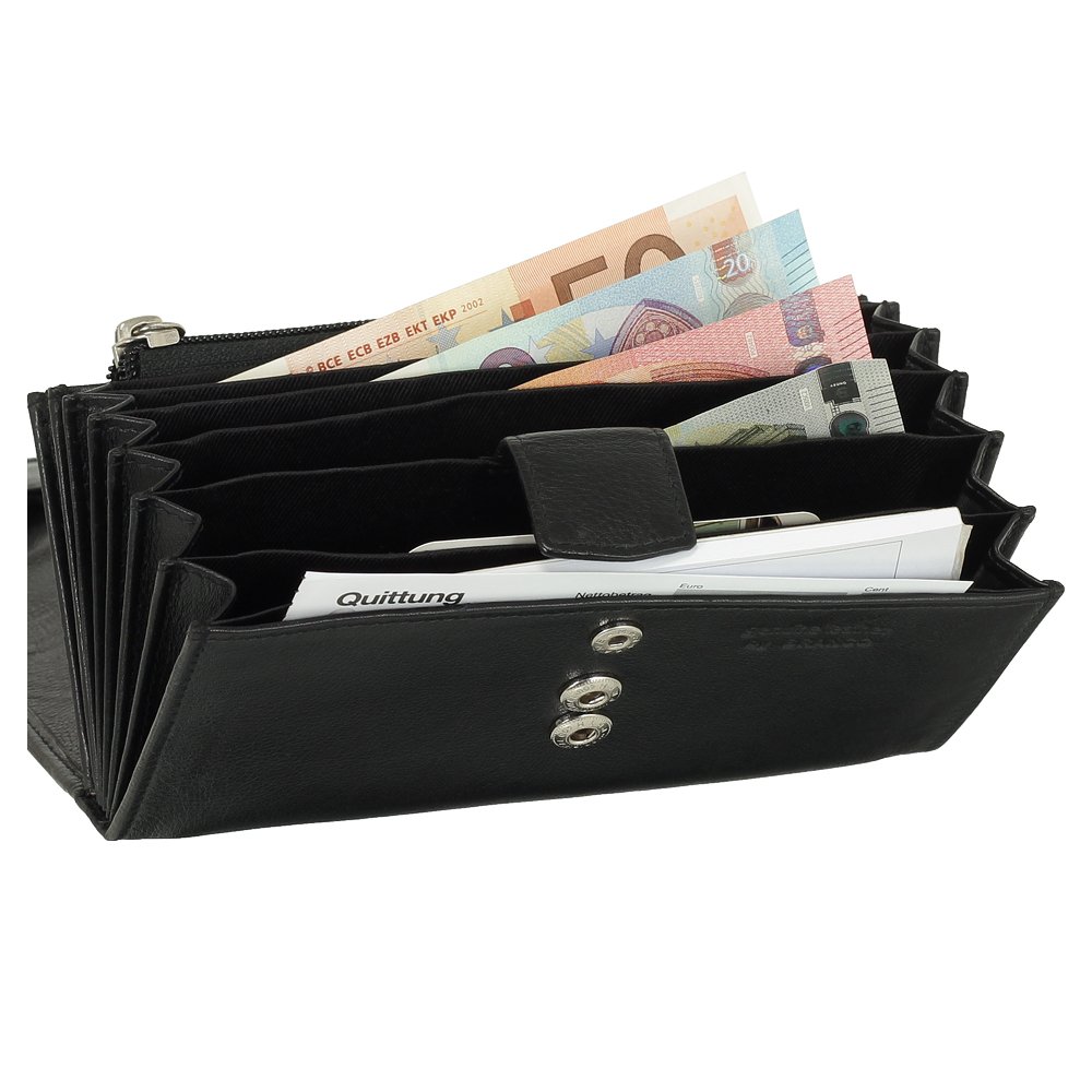 Ledershop24 Profi Kellnerbörse Kellnergeldbeutel mit Doppel-Druckknopf Verschluss & mehr als 7 Geldscheinfächern aus weichem hochwertigem Rindsleder in Schwarz