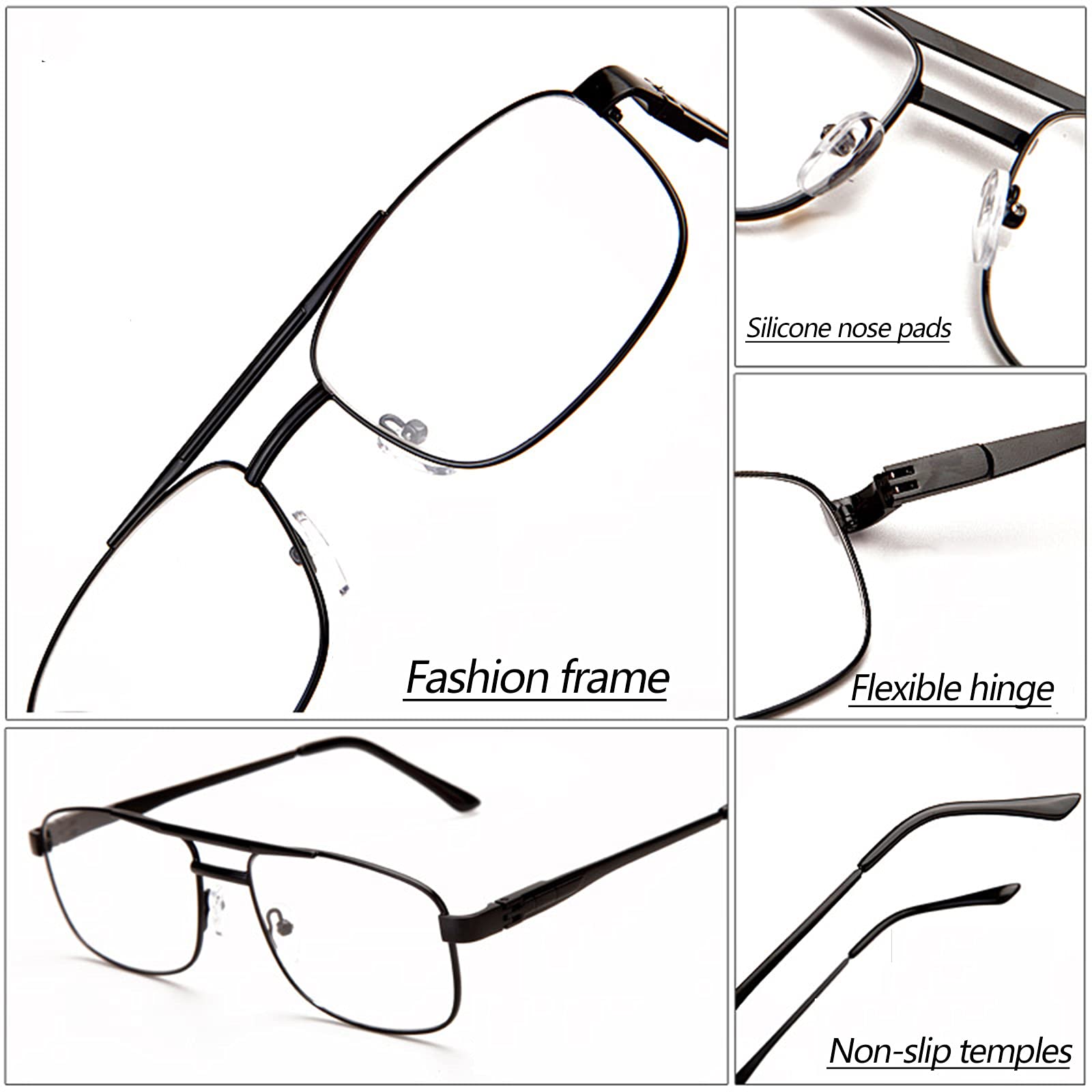 Męskie Okulary Do Czytania Pilota, Modne Okulary Do Czytania Na Komputerze, 1,0, 1,5, 2,0, 2,5, 3,0, 3,5/Black/1.5