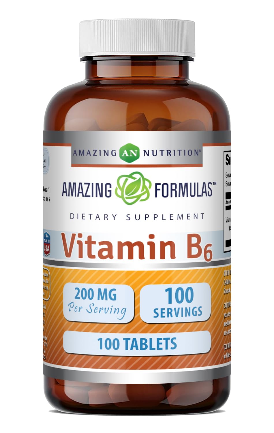 Amazing Formulas Vitamin B6 Pyridoxine 200mg 100 Tablets Supplement | Non-GMO | Gluten Free | Made in USA 100 Count (Pack of 1)