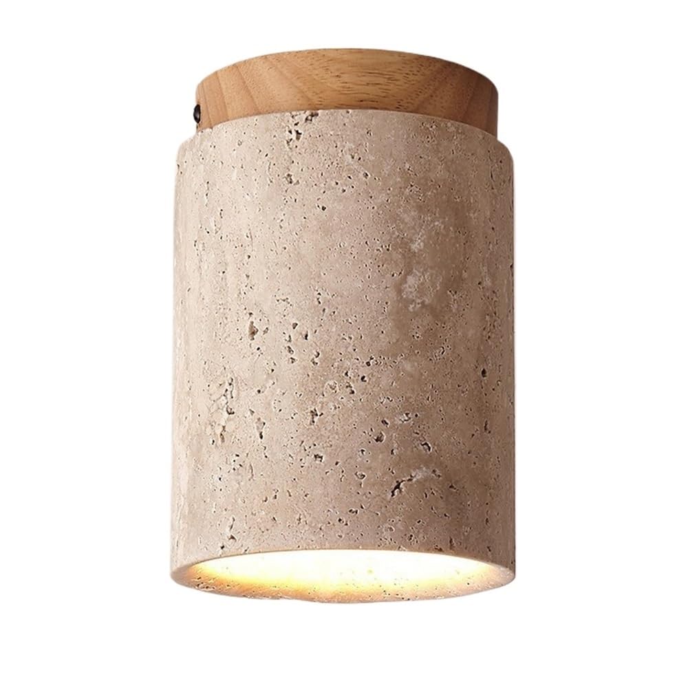 ITOSUI Travertine Flush Mount Ceiling Light Minimalist Beige Stone Spotlight Wood Base 6.3-Inch Cylinder Ceiling Lamp for Hallway Entryway Balcony Cloakroom Porch E26 Base(Natural)