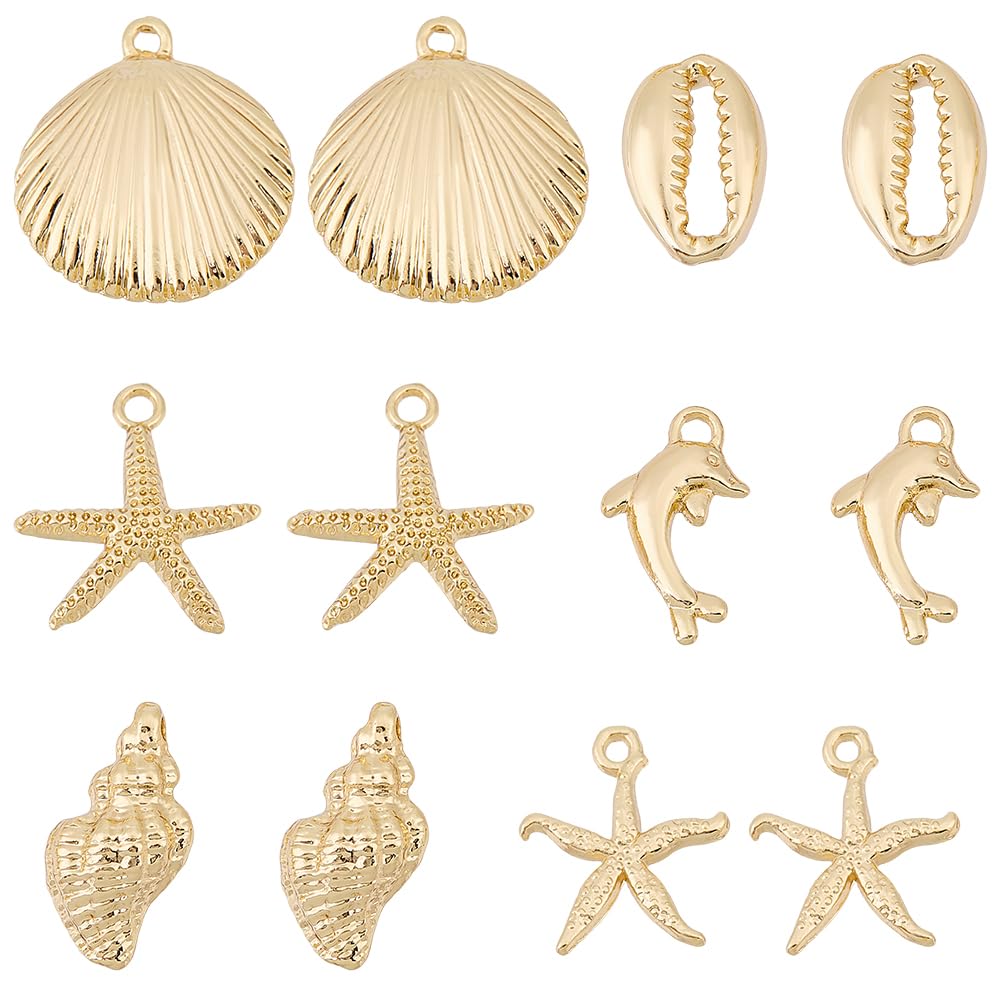 SUNNYCLUE 1 Box 24Pcs 6 Styles Real 18K Gold Plated Alloy Sea Theme Charms Metal Ocean Charm Bulk Summer Beach Animal Shell Starfish Dolphin Charm for Jewellery Making Charms Bracelet Necklace DIY
