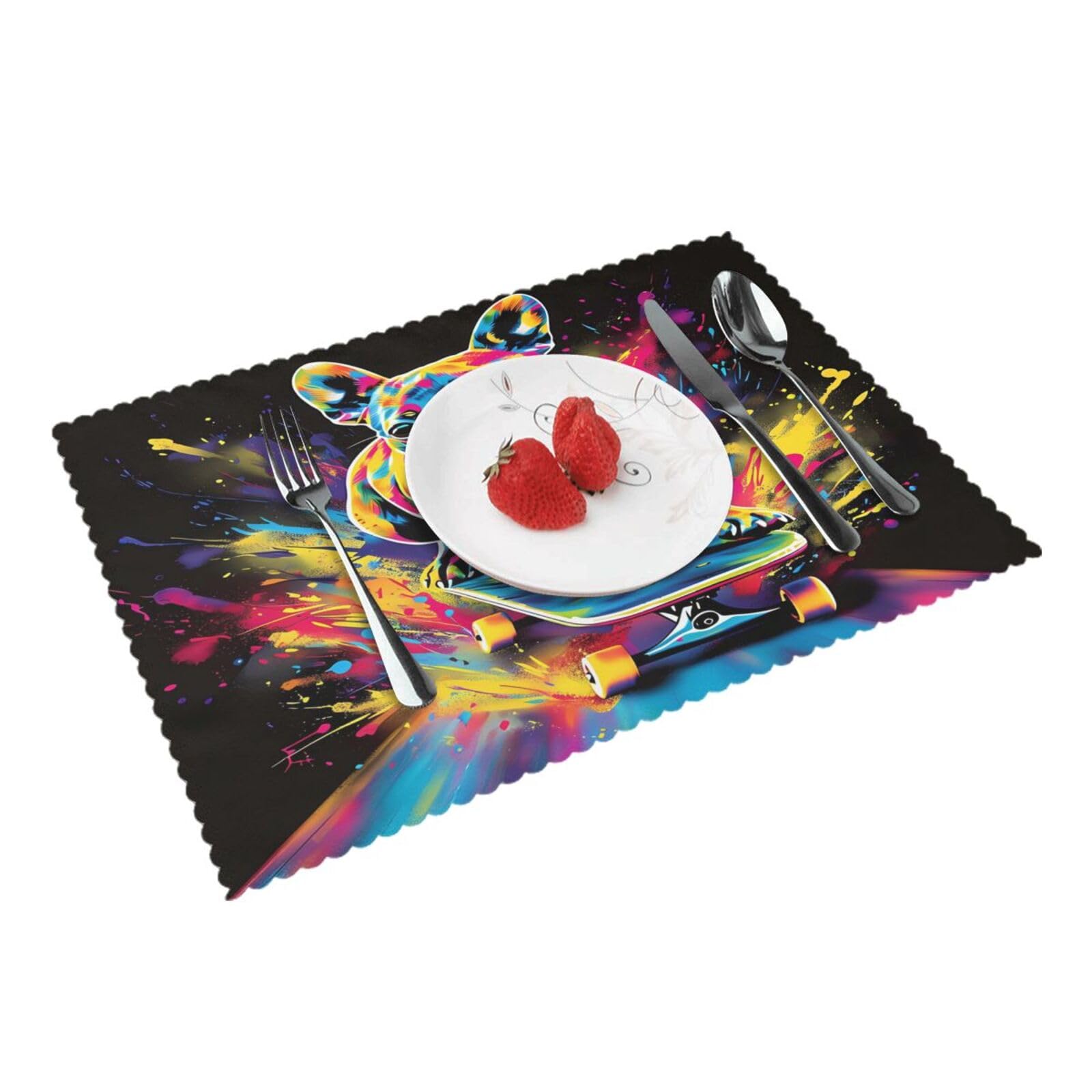 Colorful Dog Skateboard (1) Placemats Set of 4 Print Table Mats Place Mats Table Decor for Kitchen Dining 12X18 in
