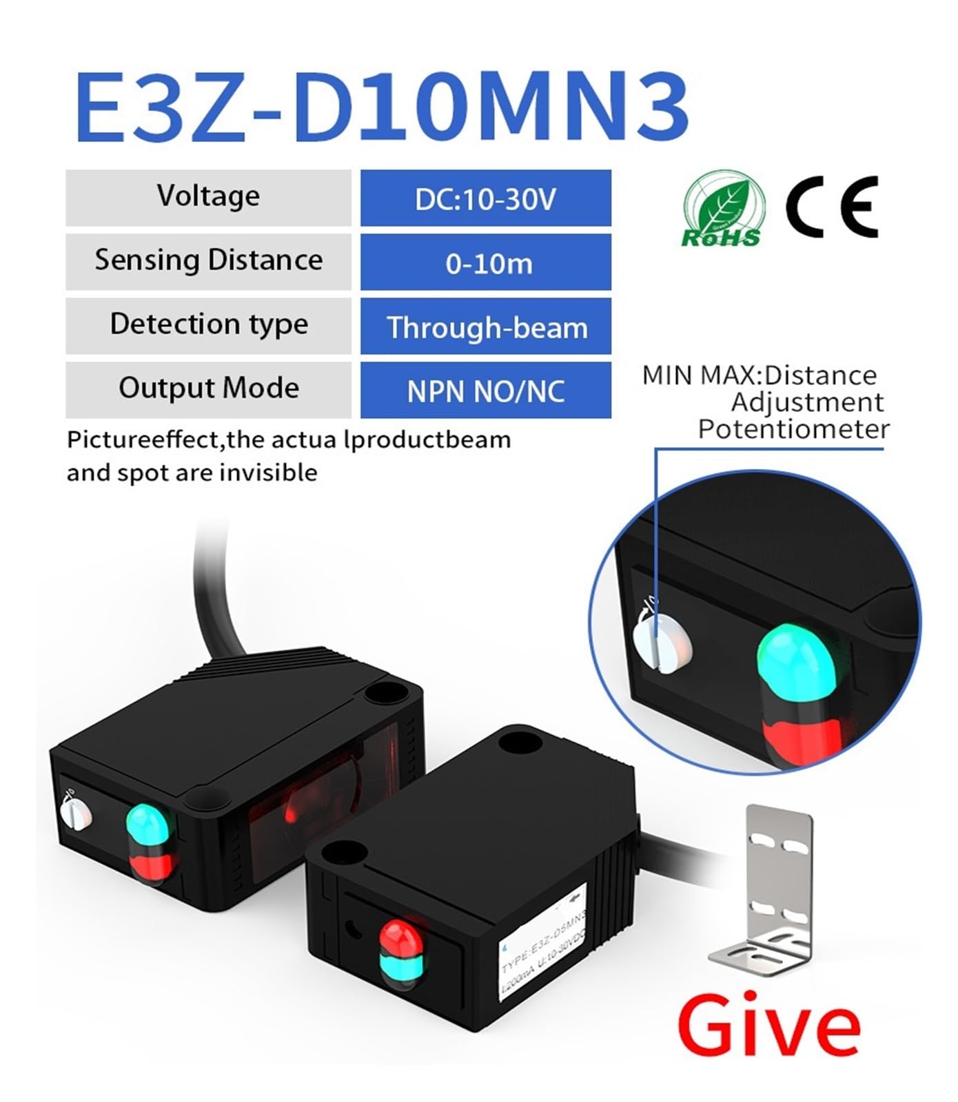 E3Z-T81 fotoelektrischer Sensor, Durchlicht-Schaltabstand 5 m, NPN, PNP, 10–30 V DC, quadratischer fotoelektrischer Schalter mit Halterung (Color : 10M 3-Wire NPN NO NC)