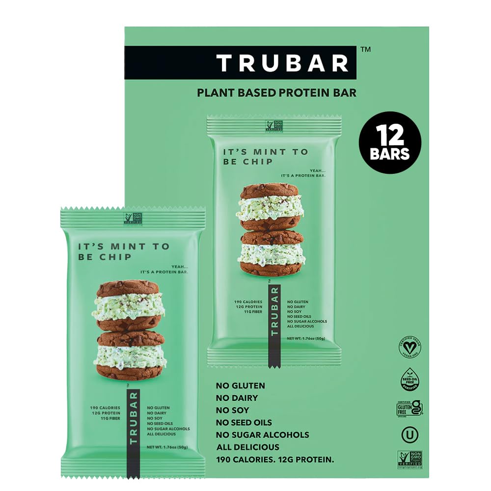 TRUBAR Vegan Protein Bars - Soy Free, Dairy Free, Gluten Free Protein Bars - No Sugar Alcohols - Non-GMO - 12g of Protein - It's Mint To Be Chip - 12 Count
