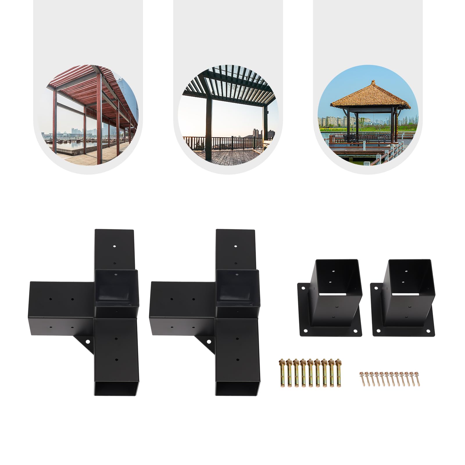 Juego de 4 conectores de postes, conectores de vigas de madera con 2 ángulos de esquina y 2 zócalos, juego de conectores de vigas de madera de metal de 2 mm de grosor para balcones, patios