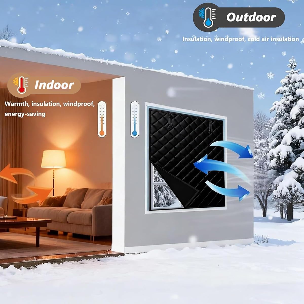 Kit D'isolation De Fenêtre 70 90 120 150 270 300 cm Couverture De Fenêtre Thermique Oxford Rideau Isolant Thermique Imperméable Coupe-Vent avec Velcro pour Camping-Cars(Noir,43x63in/110x160cm)