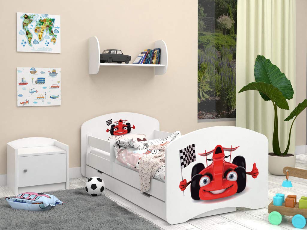 Happy Babies - Dwustronne łóżko dziecięce z szufladą Nowoczesne wzornictwo z bezpiecznymi krawędziami i zabezpieczeniem przed upadkiem materac piankowy 7 cm. (190x90, 86. samochód z flagą)