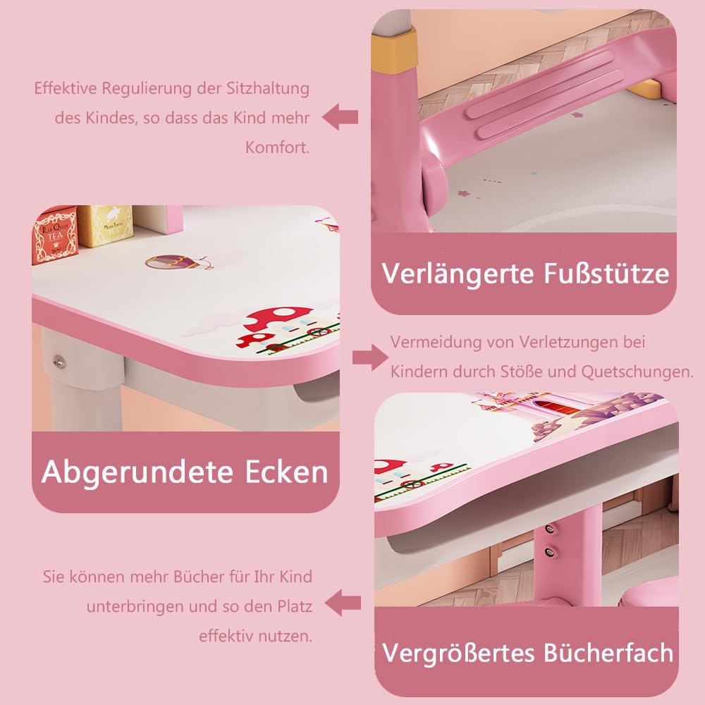 Kinderschreibtisch und Stuhl Set, Höhenverstellbar Schreibtisch Kinder Mit Schubladen und Bücherregalen, Cartoon Schreibtisch Bücherregal für Jungen und Mädchen zu Studieren (Rosa Schloss)