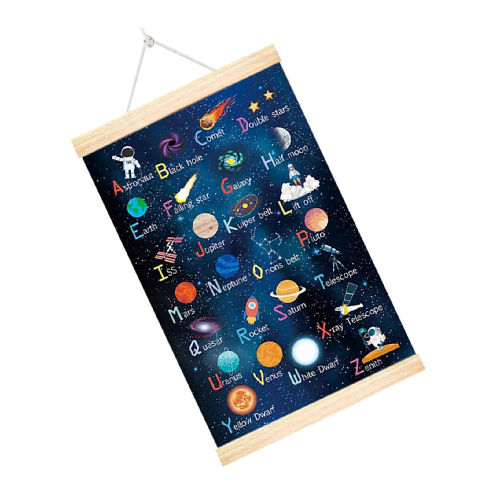 Hsioluted Space Planet Alphabets Poster Space Decors Wood Hanger for Children Room and Classroom Wall Art Hanging Banners Educational Wall Art