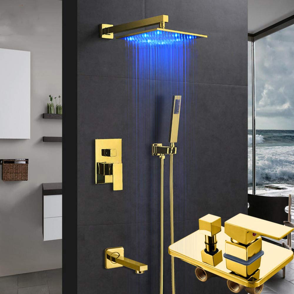 ASerZenith 16 inch Gold LED Concealed Shower Faucets Set Rainfall LED Shower Head 3-Way Brass Mixer Tap Tub Spout Bathroom Shower Faucet