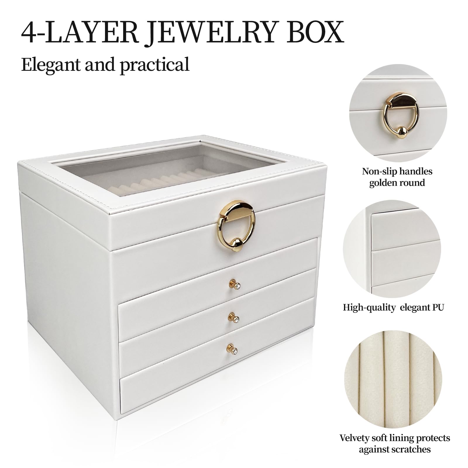 Boite a Bijoux Femme, Boîte à Bijoux, 4 Couches Grande Boite Bijoux, Coffret à Bijoux avec Tiroirs, Doublure en Velours pour Bagues, Boucles d’Oreilles, Bracelets, Colliers, Blanc