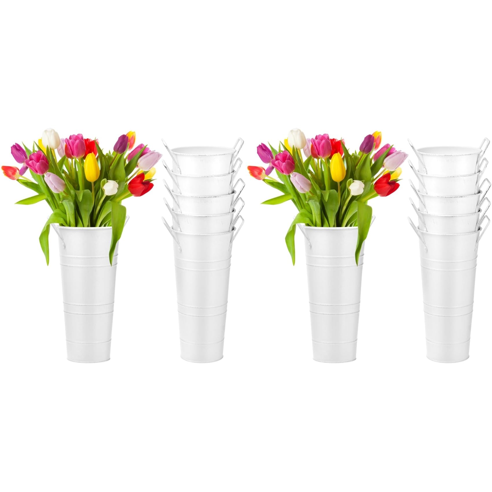 Vjsujehgy White Flower Buckets, 12 Pcs 9.8inch Tall Galvanized Metal Vases with Waterproof Coating, French Flower Bucket