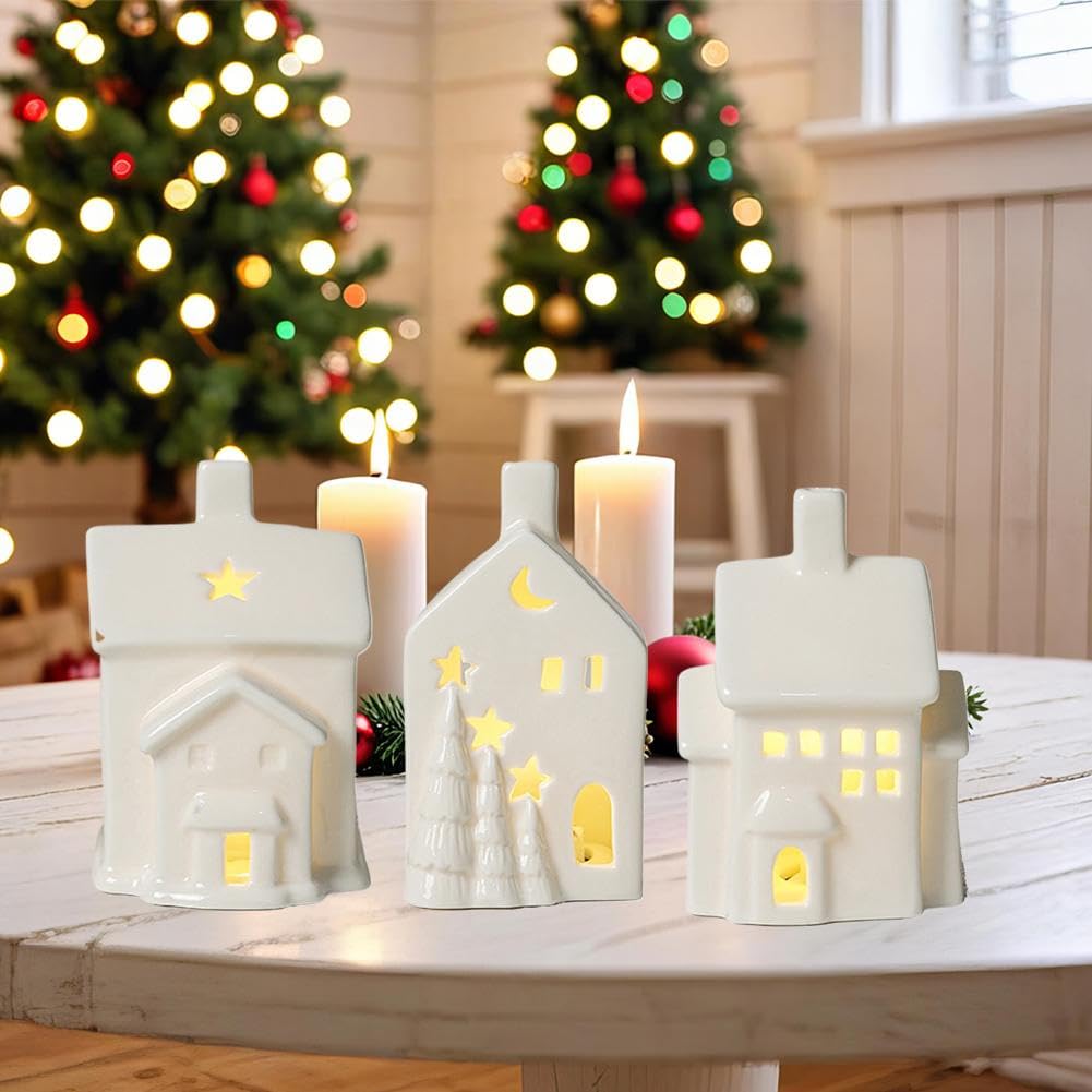 Juego de pueblo de Navidad, casas de pueblo de Navidad blancas con iluminación LED, figuras de Navidad en miniatura, adorno de escritorio, colección LED para decoración de estantes de mesa