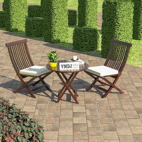 Image of Sheesham Wooden Portable Foldable 2 Seater Chair with Table Set Outdoor Balcony Garden Coffee Table Set Furniture with 1 Table and 2 Chairs Set (Walnut with White Cushion)